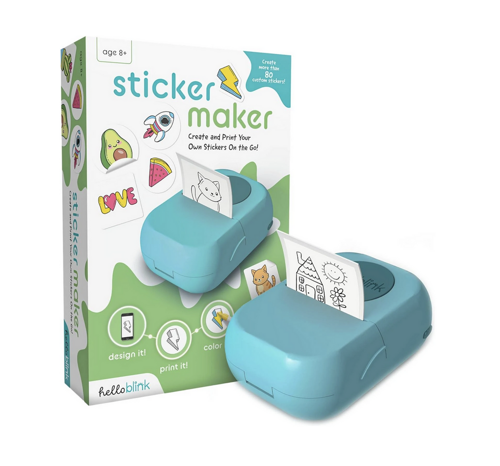 The Hello Blink Sticker Maker printer in blue set in front of the box it is packaged in with a printed sticker featuring a house, sun and flower drawing. 