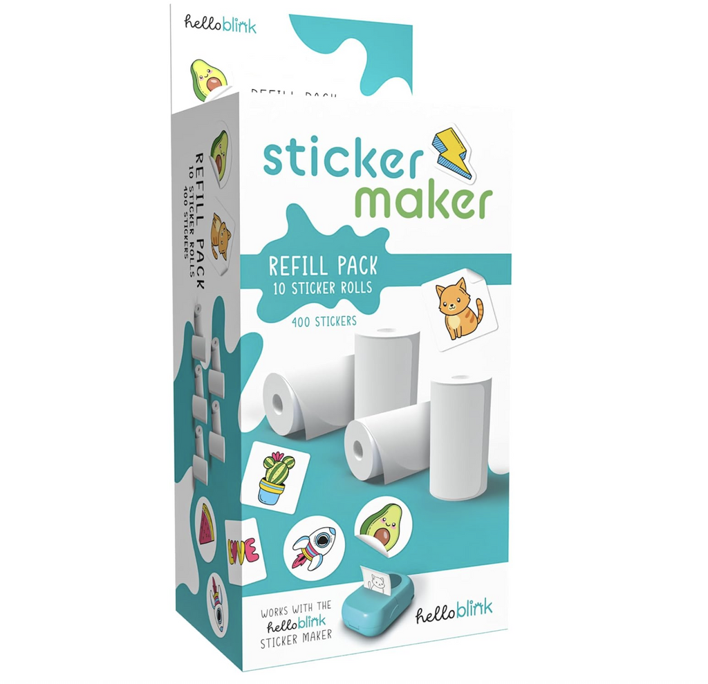 Teal and white box with pictures of the sticker paper refill rolls for a sticker maker and examples of square and round stickers made using the Hello Blink Sticker Maker printer. 