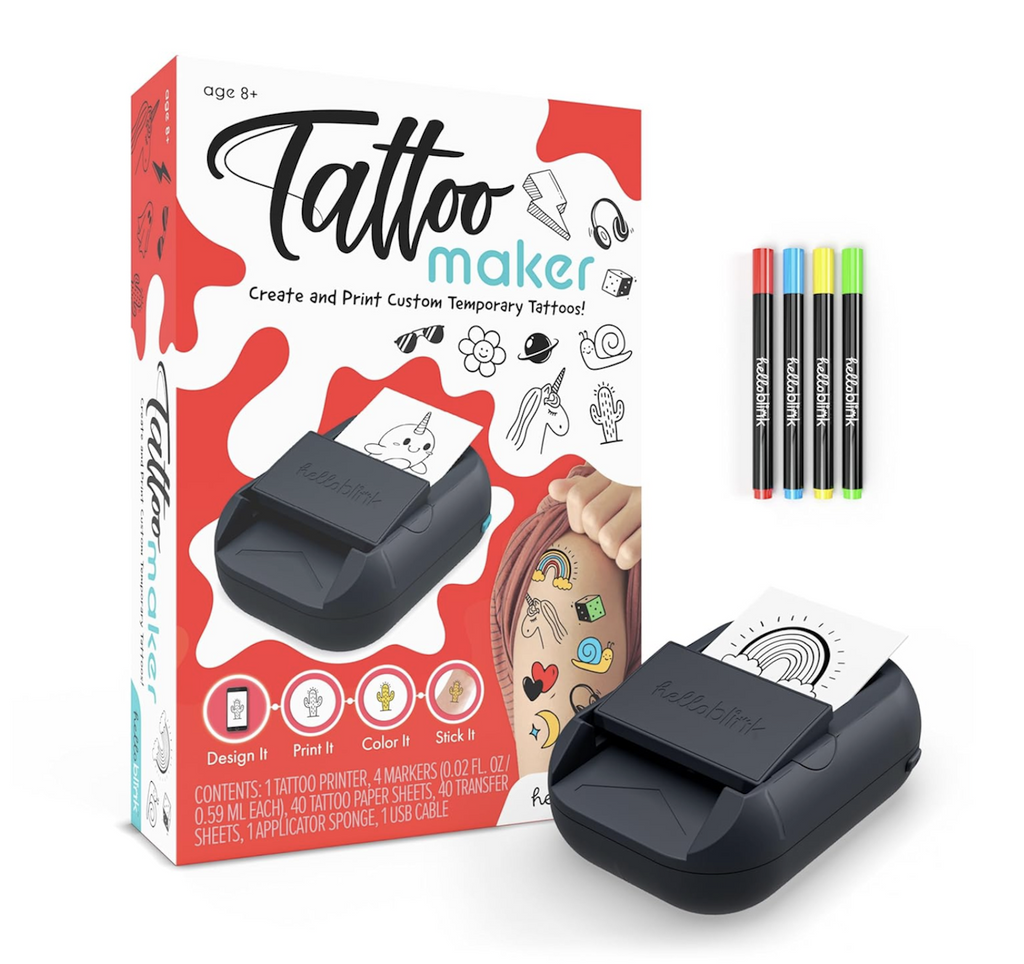 Red and white box with a picture of the Hello Blink Tattoo Maker printing out a temporary tattoo of a narwhal along with an arm showing off several temporary tattoos designed and printed on the Tattoo Maker
