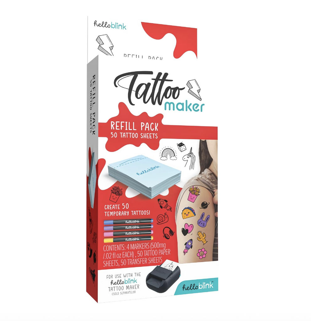 Red and white box containing 50 count refill temporary tattoo paper and set of four markers. 