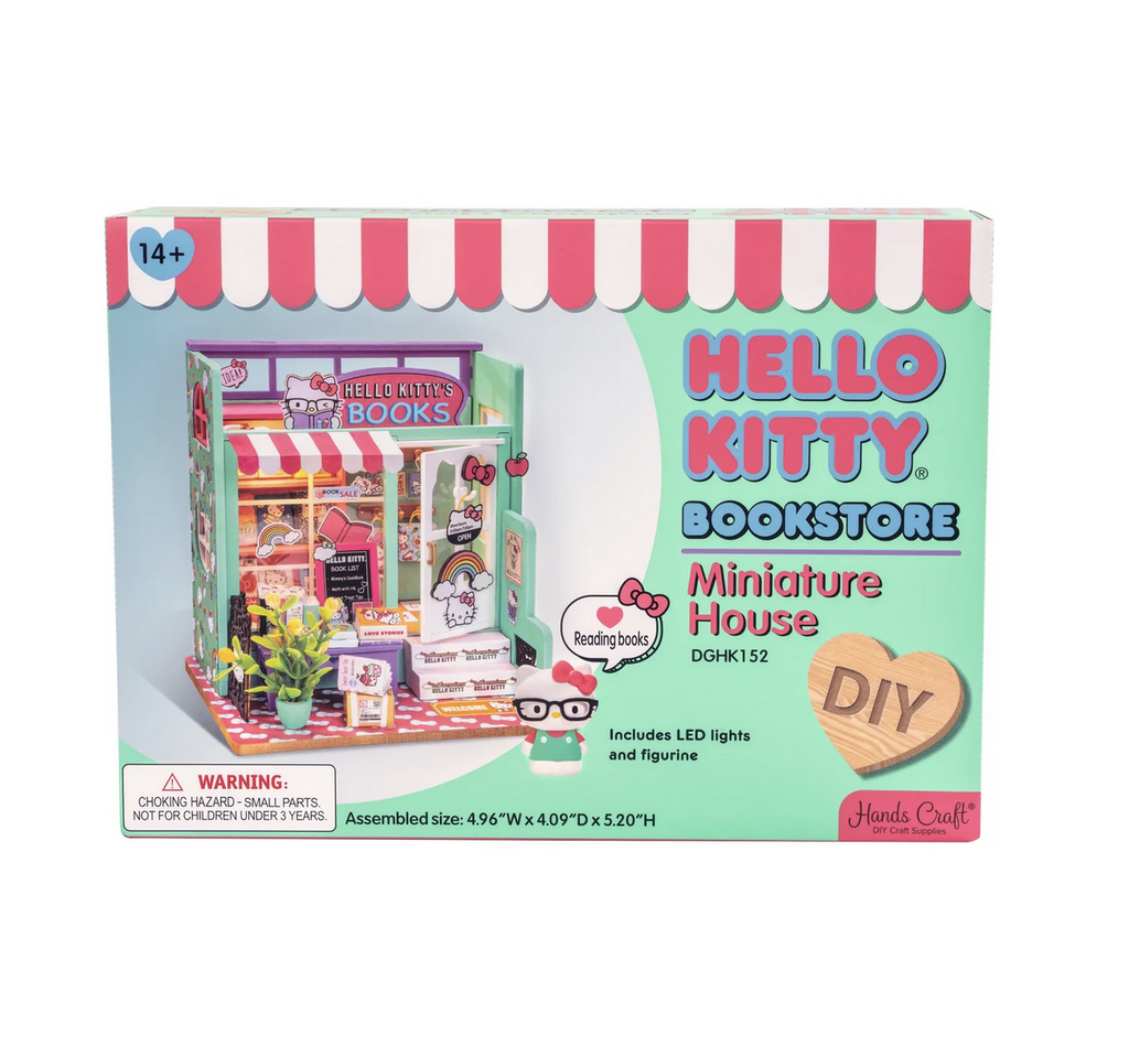 Hello Kitty Bookstore Miniature Kit box with a picture of the completed model on the front. 