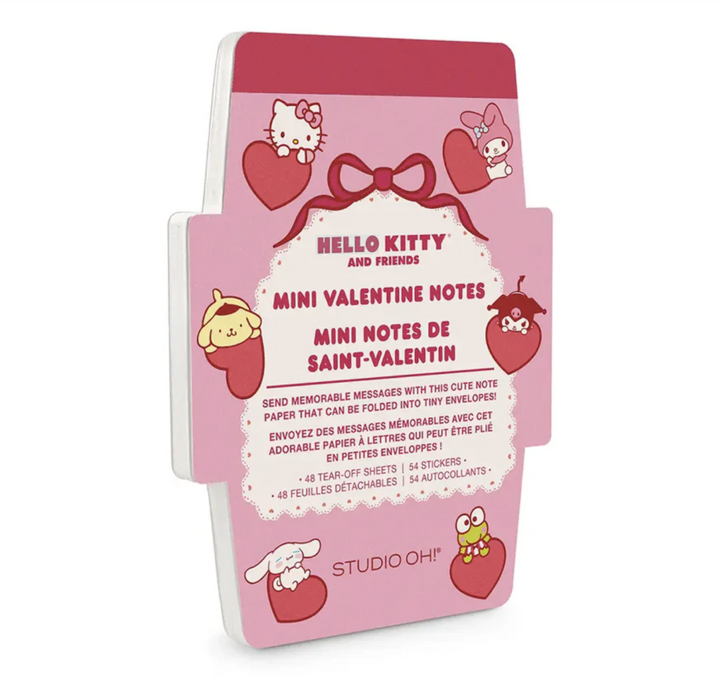 Cover of the Hello Kitty and Friends Mini Valentine Notes with pink and red accents and featuring many favorite Sanrio characters. 