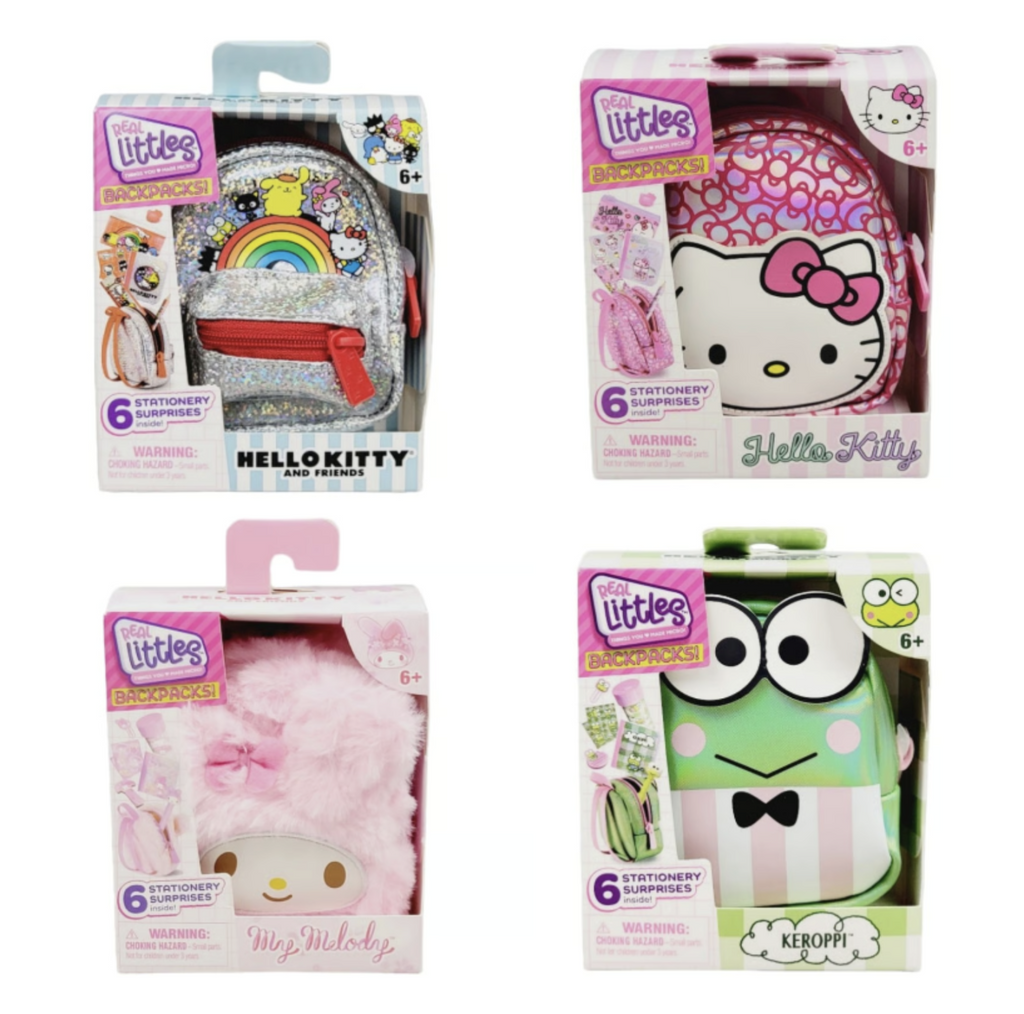 4 Assorted styles of the Hello Kitty and Friends Real Littles Backpacks. My Melody, Hello Kitty, Keroppi and Hello Kitty and Friends. 