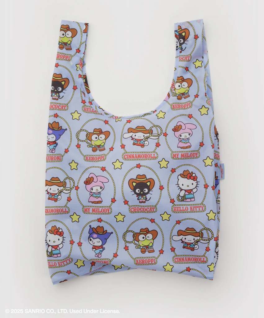 Standard size Baggu bag with Hello Kitty and Friends Western pattern, with many of your favorite Sanrio characters dressed in western gear. 