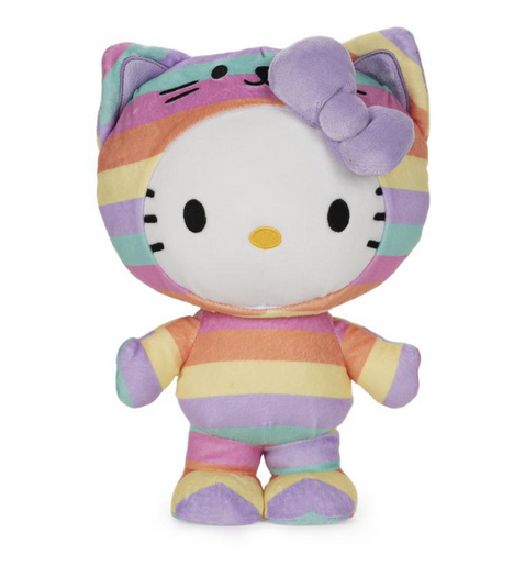 White Hello Kitty plush doll dressed in a pastel rainbow one piece suit complete with wars and a purple bow.