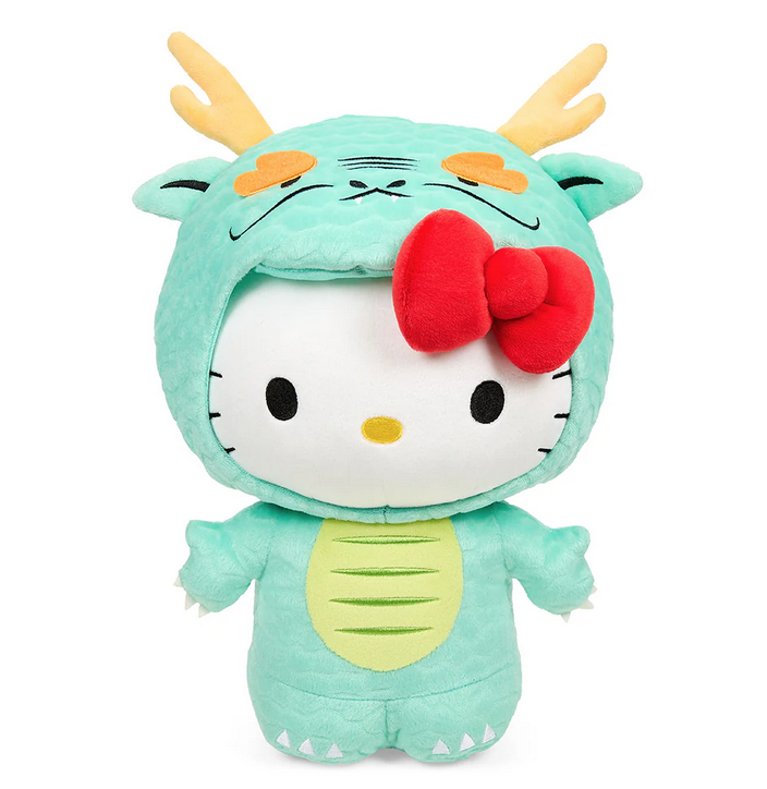Standing Hello Kitty plush in a light green dragon costume with hood. 