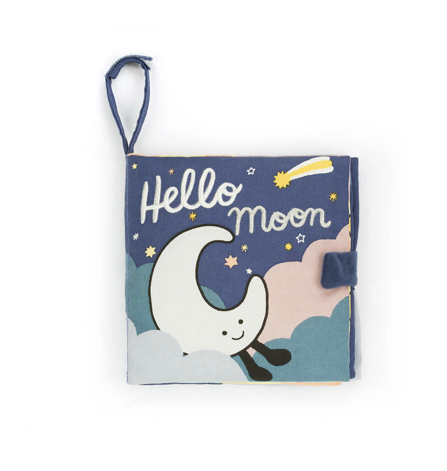 Front cover of the fabric book Hello Moon with an illustration of the Jellycat moon plush. 