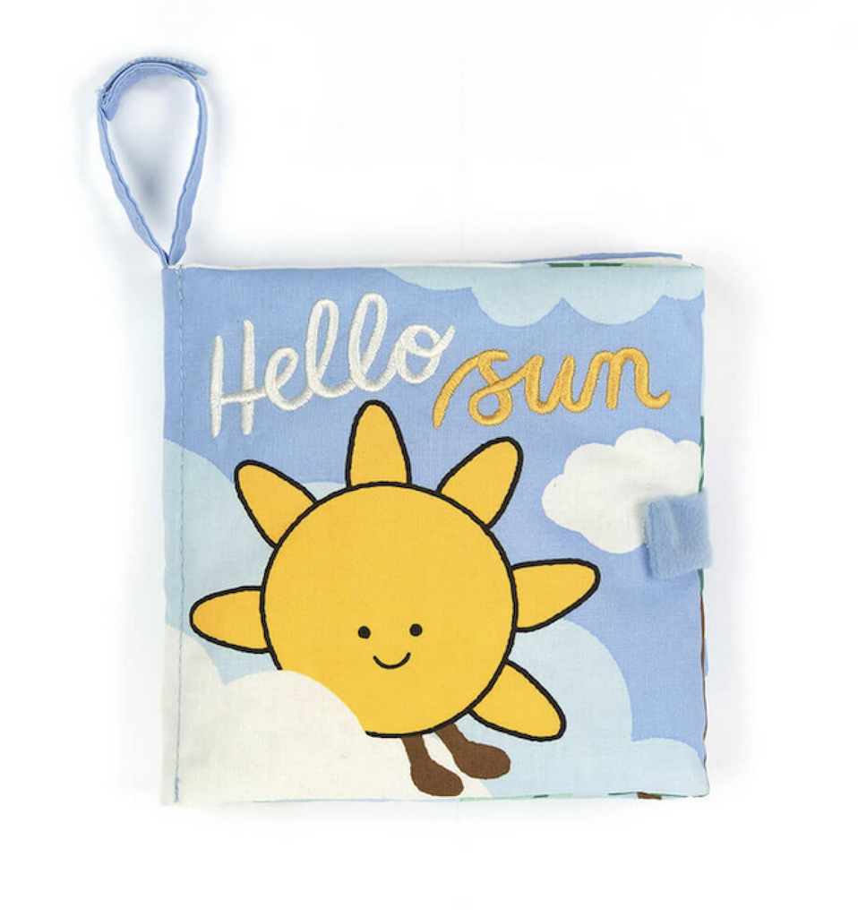 Hello Sun fabric book with an illustration of the Jellycat plush sun. 