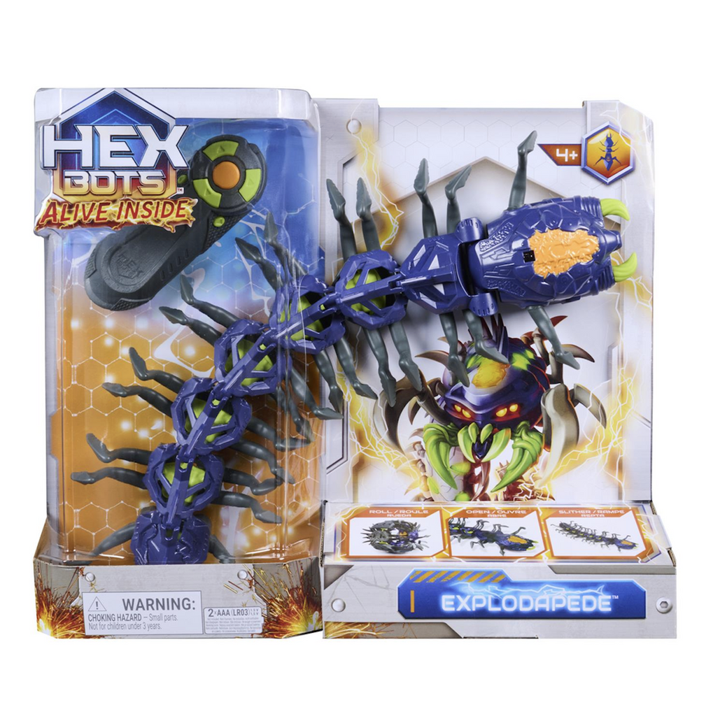 Thye Explodapede Robotic Centipede from Hex Bots packaged in a clear blister pack that can be hung or placed on a shelf. 