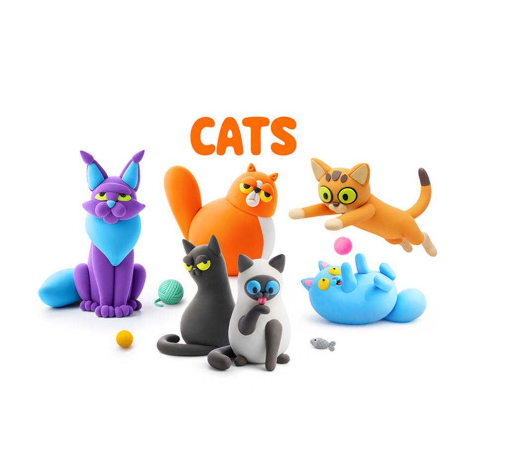 Examples of all the cats to choose from that can be made from the Hey Clay Cats kit. Choose one of the six cats - the Abyssinian, the Black Cat, the British Cat, the Maine Coon, the Persian, or the Siamese. 