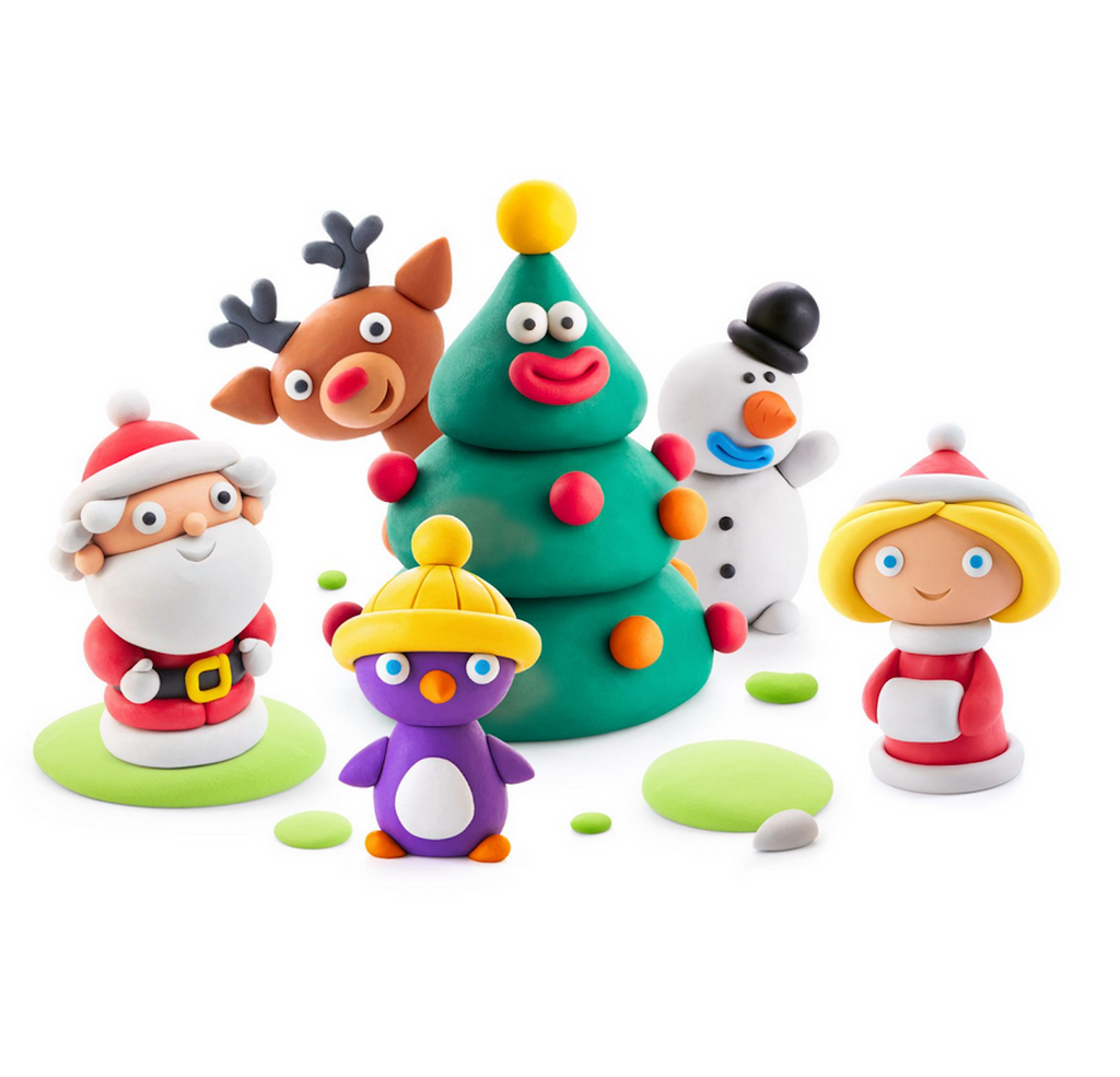 Set of colorful Christmas-themed figurines including Santa Claus, reindeer, penguin, and snowman made with the Hey Clay Winter Holidays Kit. 