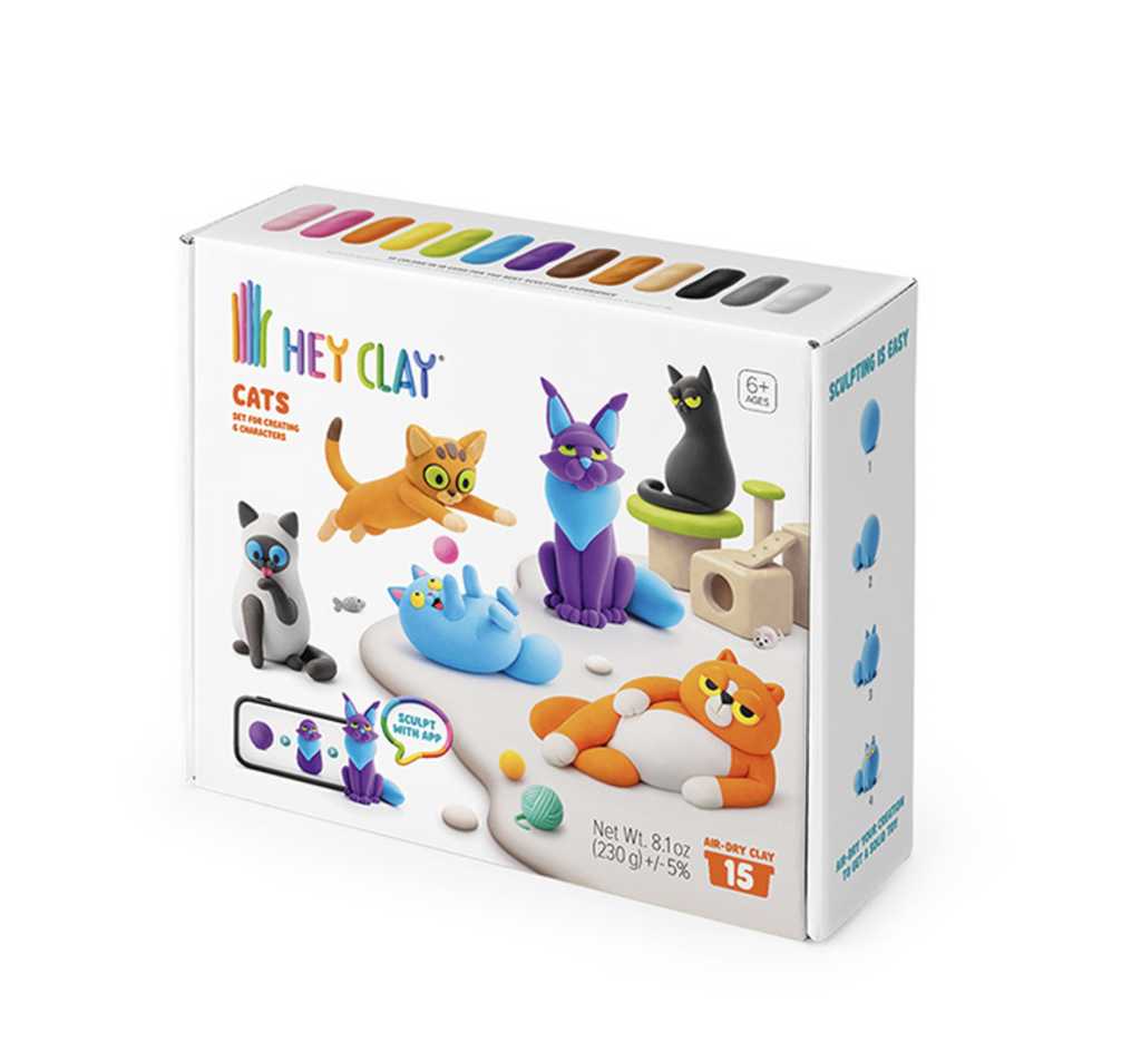 Hey Clay Cats box featuring all of the cats that can be made with the kit. From chunky cats laying around to kitties in play chasing a ball. 