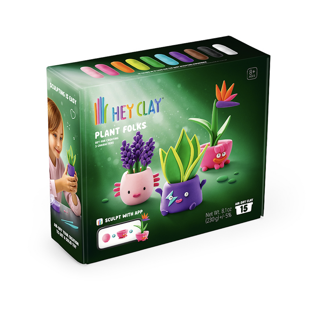 Hey Clay Plant Folks kit packaged in a green box with pictures of the three air dry clay figures you choose to make with the kit. 