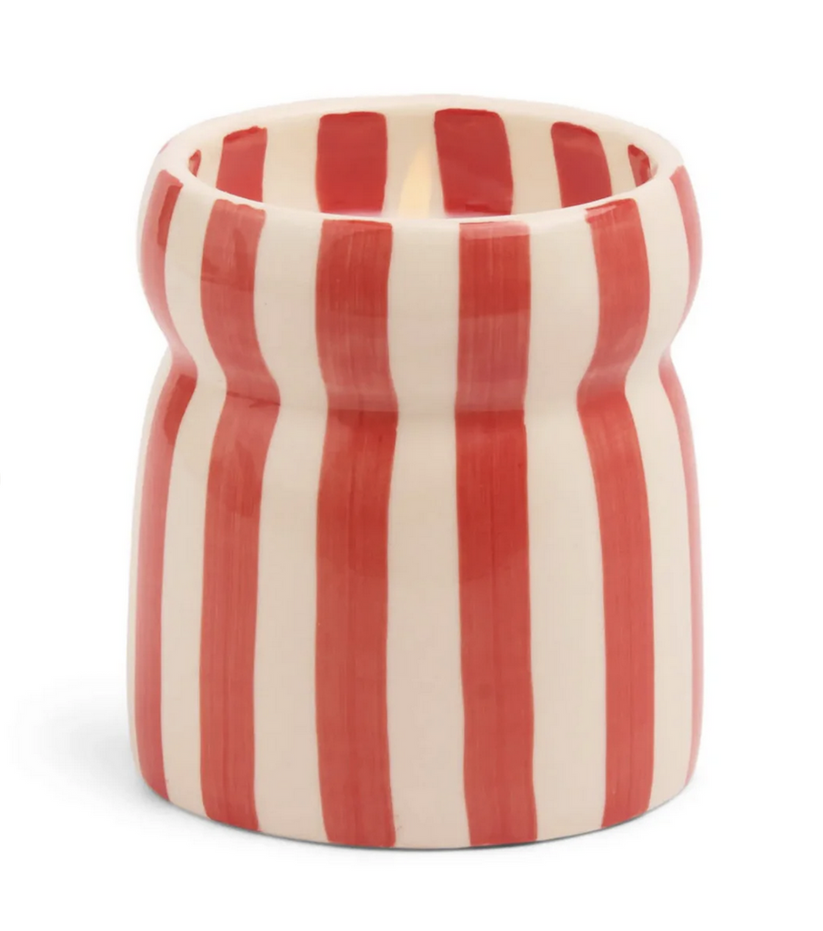 Red and white striped ceramic candle holder. 
