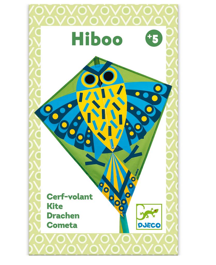 Card with an image of the HIboo kite of an owl in yellows, greens and blues. 