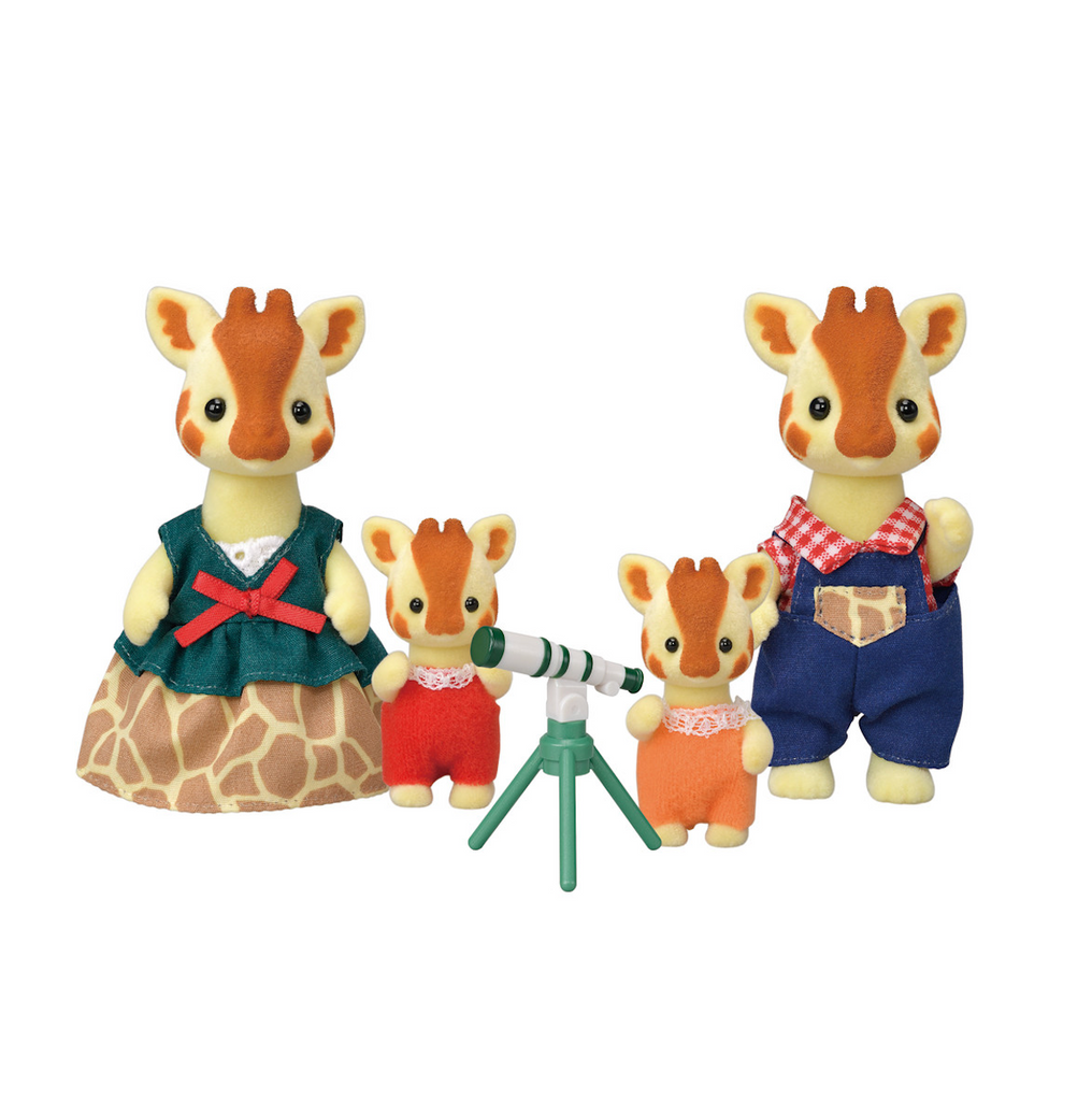 All four of the Highbranch Giraffe family members from Calico Critters. Mom, Dad, and two children along with the telescope accessory included in the set. 
