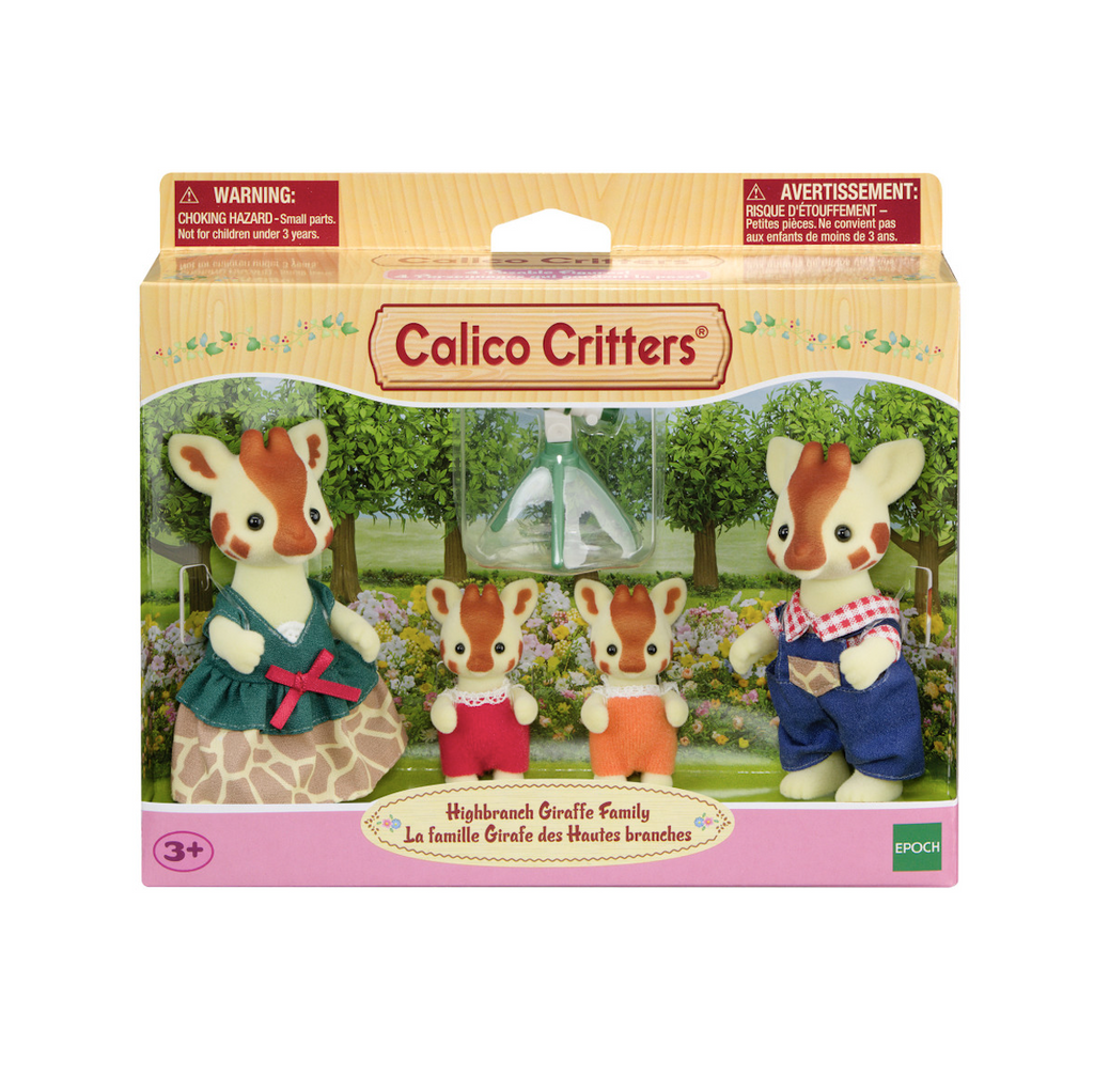 Calico Critters Highbranch Giraffe Family poseable animal dolls packaged in a box with a clear window showing the family in front of a wooded backdrop.  