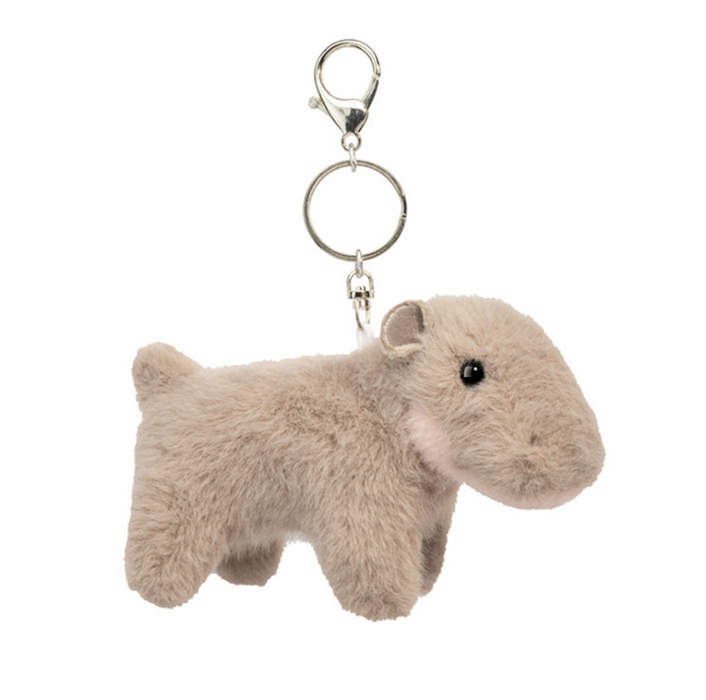 Little hippo stuffed animal bag charm attached to a silver key ring and clasp. 