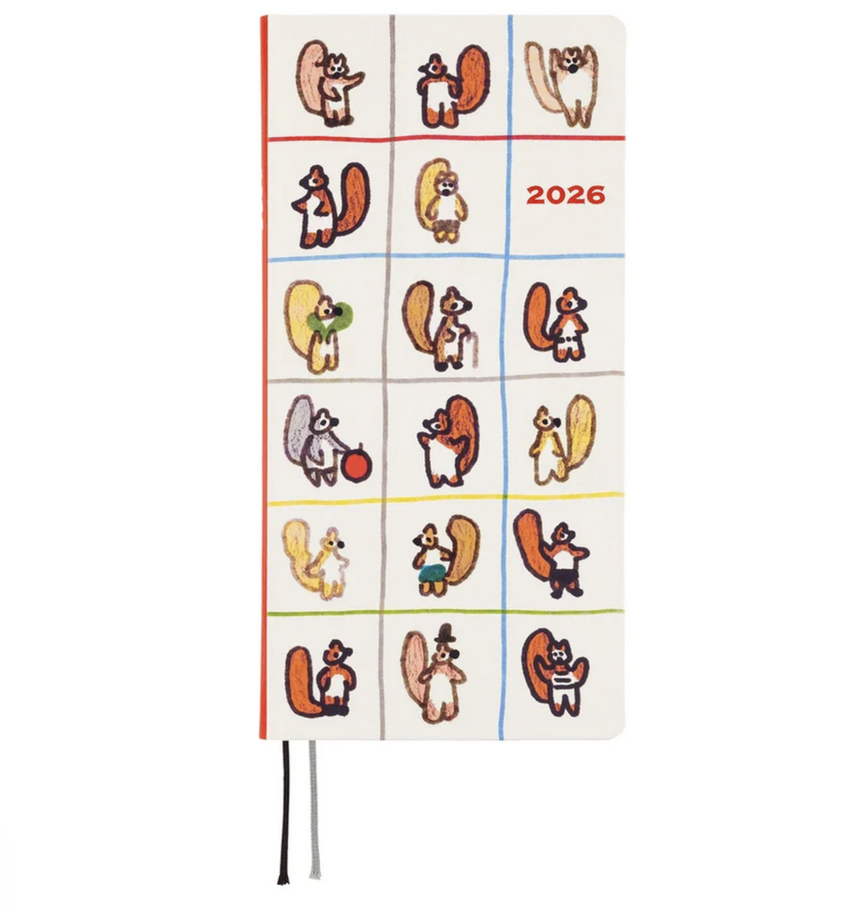 Illustrated cover of the Hobonichi Techo 100% Orange 2026 Weeks Planner with a grid design where each square has a cartoon drawing of a squirrel, sometimes the squirrel is wearing a coat or hat, and other the squirrel is merely standing there. 