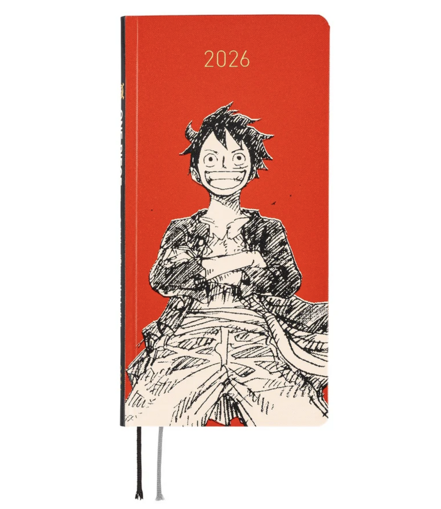 Cover of the Hobonichi Techo One Piece 2026 Weeks planner with the character Luffy in black and white on a bright red background. 