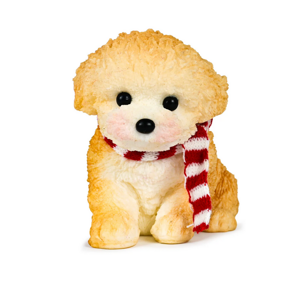 Mega Squishy Puppy with tan fur wearing a red and white striped scarf. 