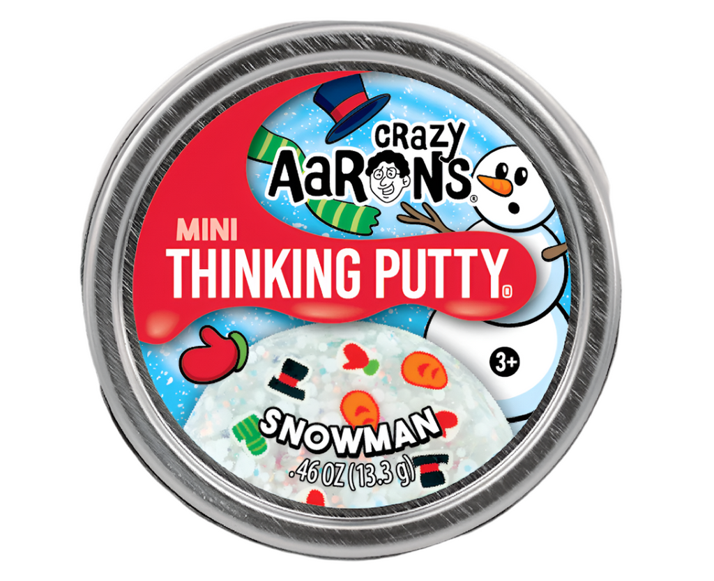 Close up of the top of the Snoman Mini Thinking Putty tin. 