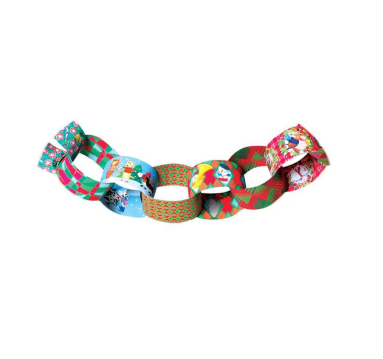 Example of finished holiday paper chain on a white background.