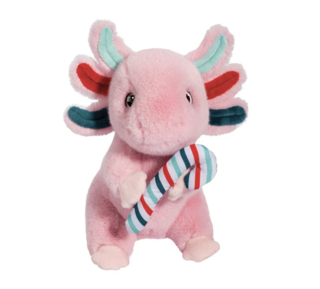 Pink plush axolotl with mint green, red and dark green frills. And holding a matching striped candy cane. 