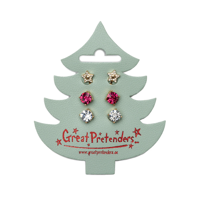 Set of three stud earrings attached to a green Christmas Tree shaped backer. There are red gemstone earrings, a pair of diamond earrings, and a beautiful pair of gold, rhinestone star earrings.