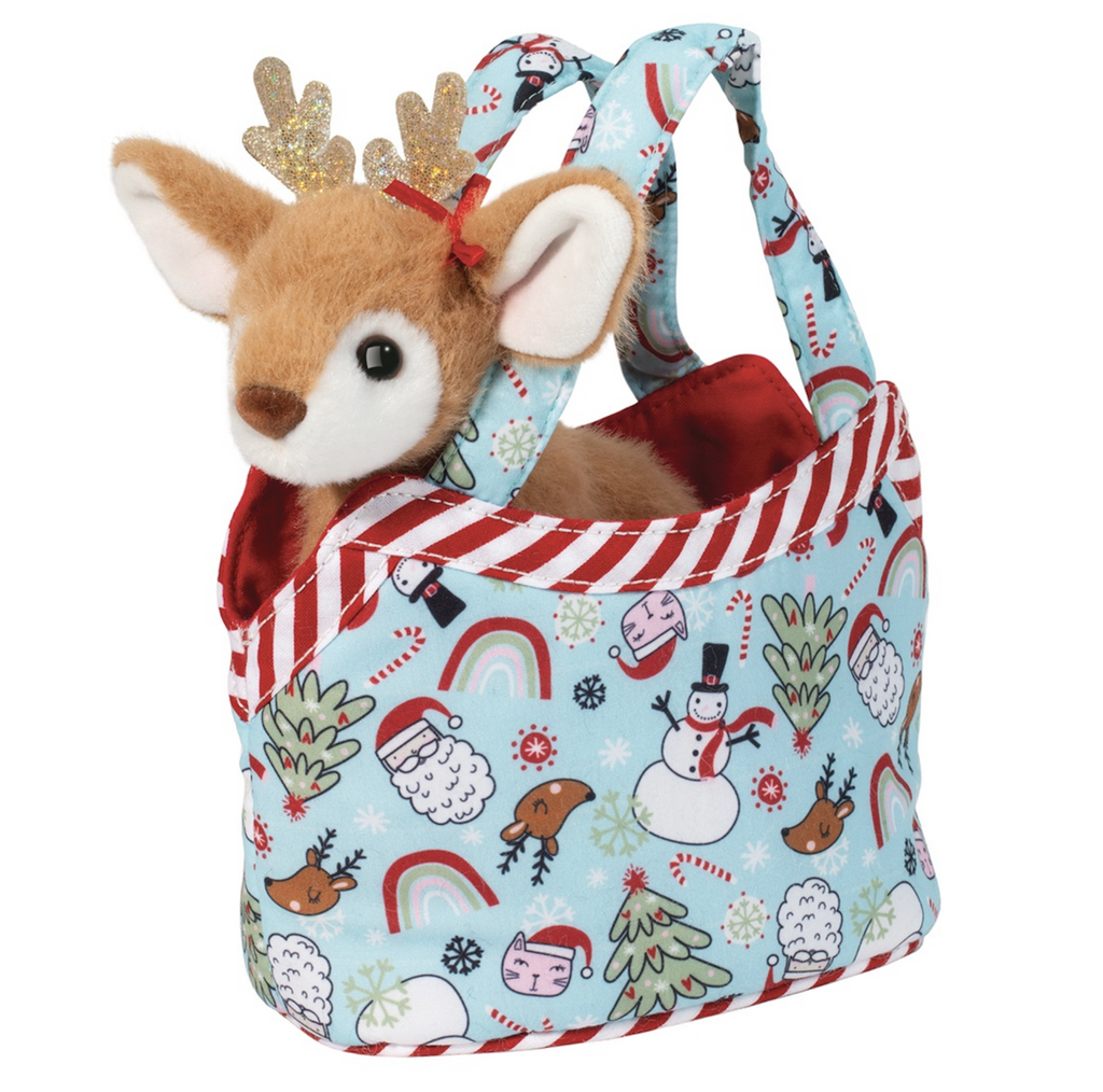 Adorable plush reindeer with sparkly gold antlers inside a festive plush purse with snowman, reindeer, santa faces and Christmas trees printed on it. 