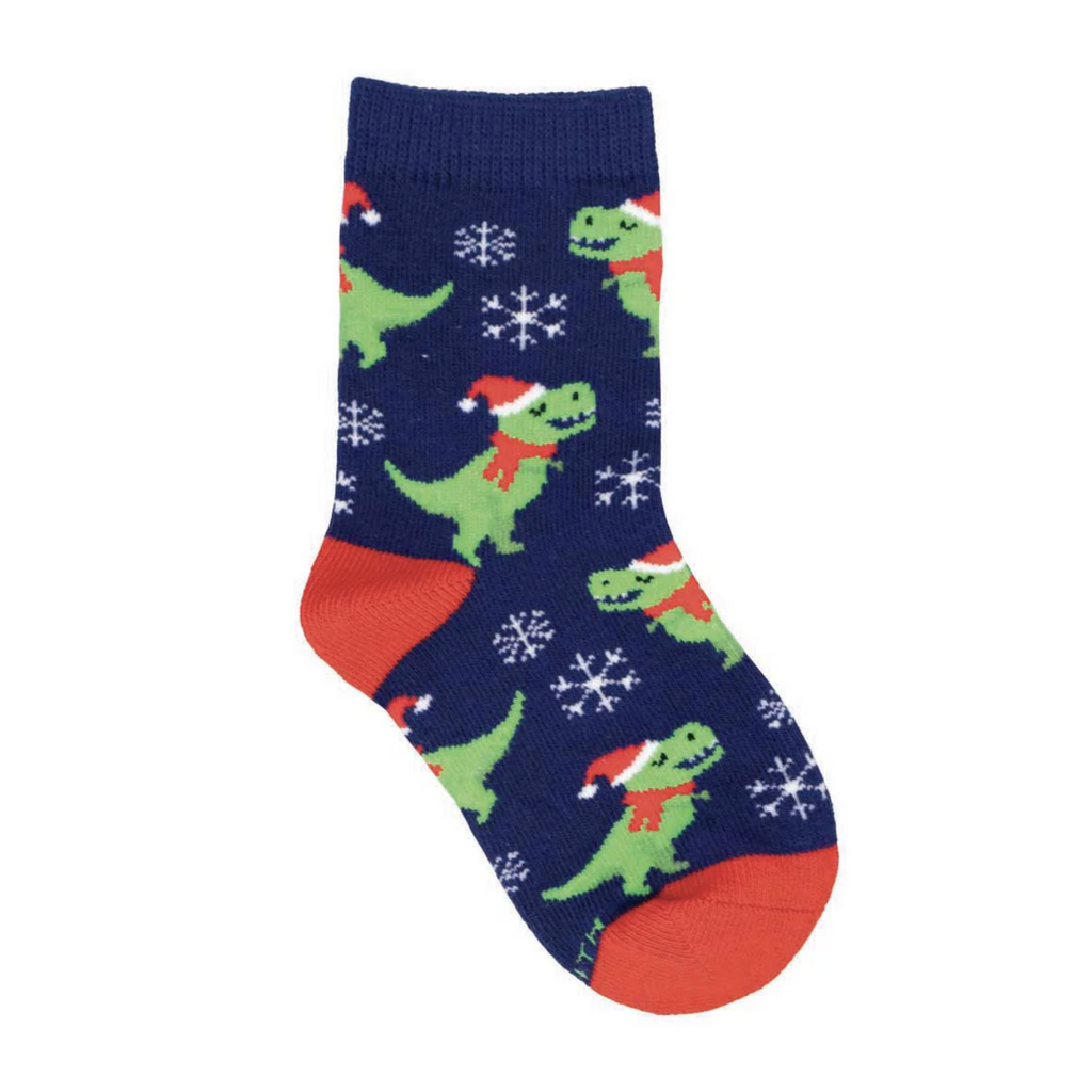 Navy colored toddler socks with snowflakes and green T-Rex's wearing Santa hats and red scarves. 