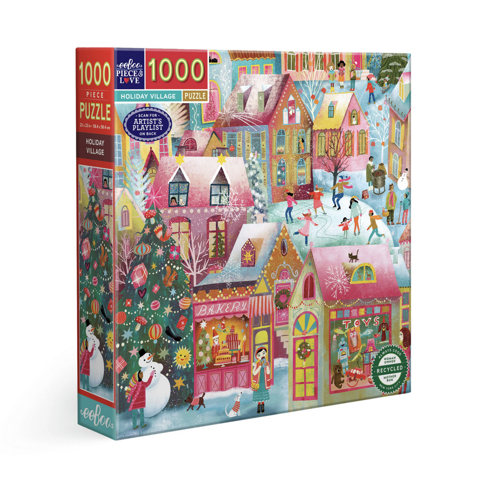 Box for the Holiday Village 1000 piece puzzle with cover art of the completed puzzle. 