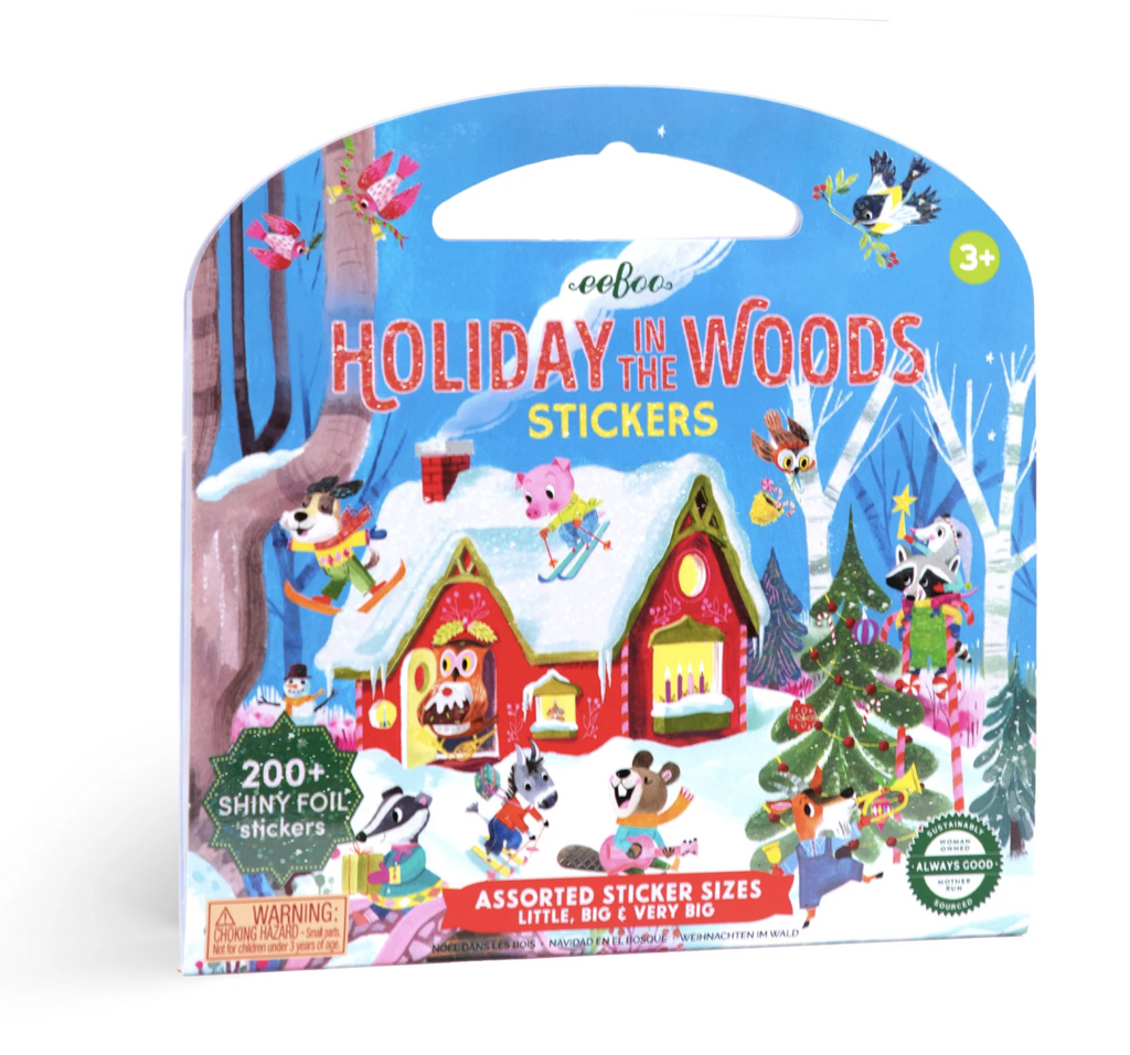 Holiday in the wood sticker book with cutout handle for little hands features illustrations of a cozy house in the snowy woods with cute animals doing fun holiday and winter activities.