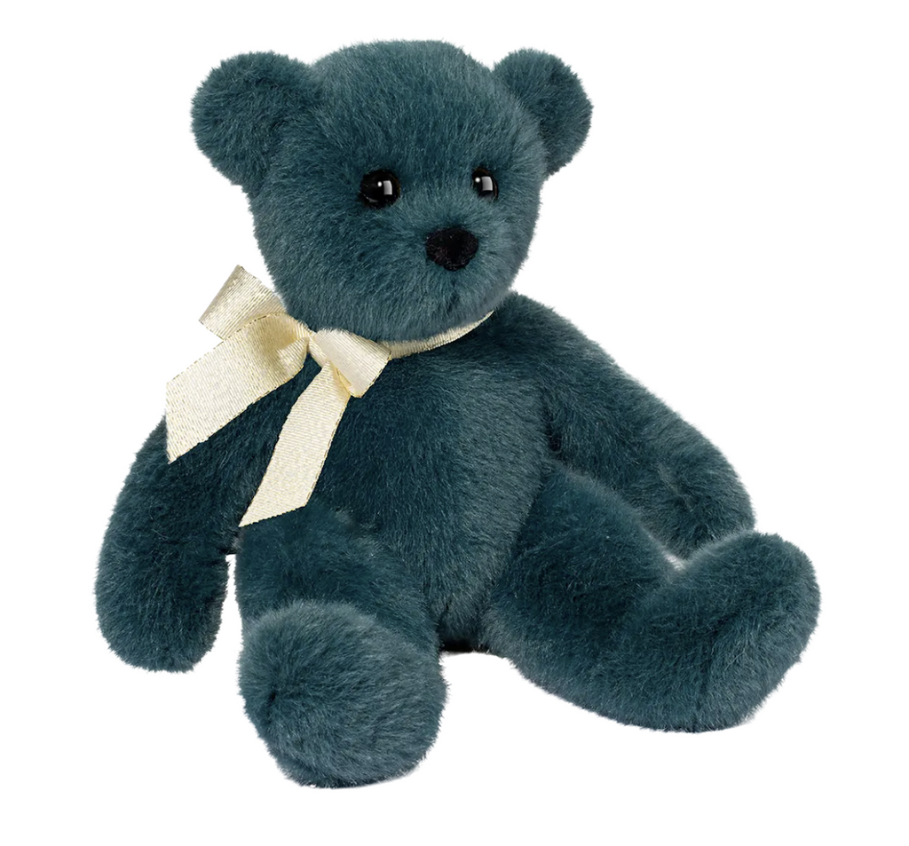 Dark green plush teddy bear with a shiny gold ribbon tied around it's neck. 