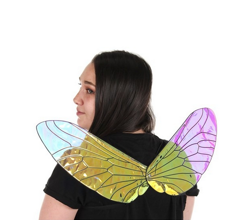 Holographic Bee Wings feature iridescent colors that shimmer and shine in the light. The sturdy molded wings have a metal interior construction and come with adjustable elastic shoulder straps. Shown here from the back. 