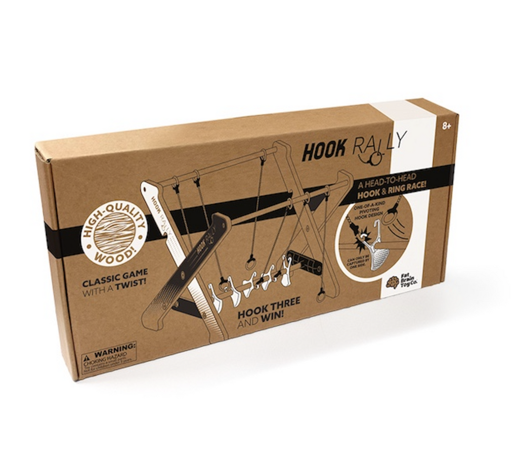 Hook Rally game packaged in a plain, flat box with a lack and white illustration of the hook and ring race game . 
