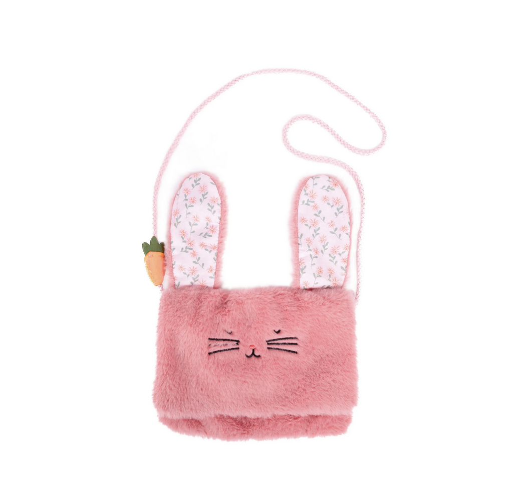 A hot pink fluffy plush purse that is shaped like a sweet bunny, with ears you can wear up or down. When you flip the ears up a charming spring-inspired pattern is revealed. 