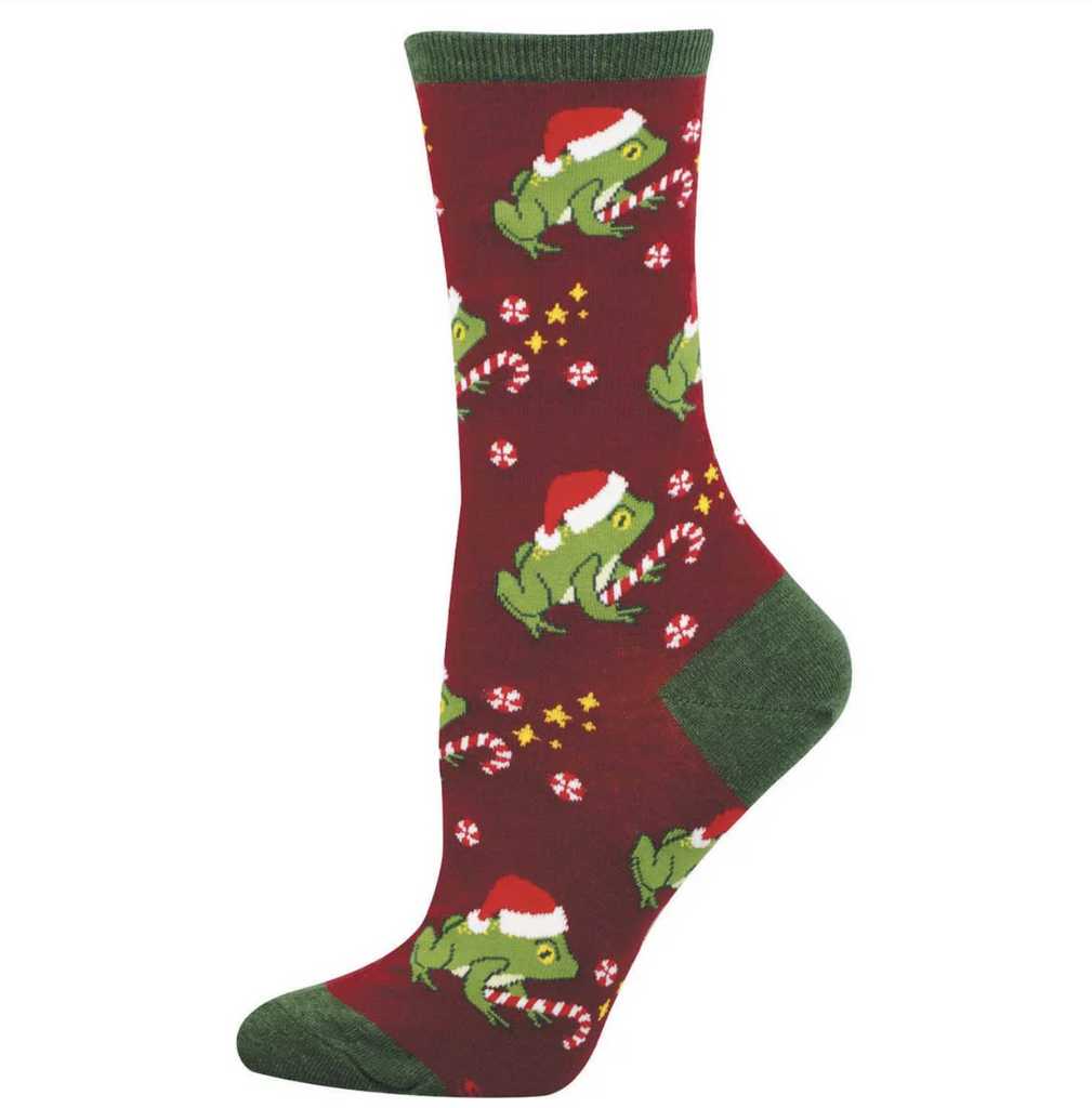 Dark red socks with a Christmas frog holding a candy cane and wearing a Santa hat pattern. 