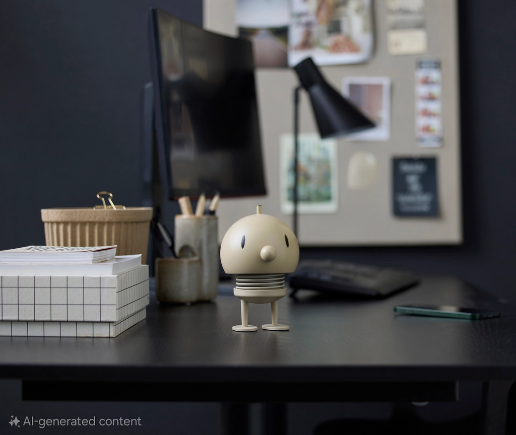 Small Hoptimist speaker figurine on a desk with a computer monitor and office supplies in the background.