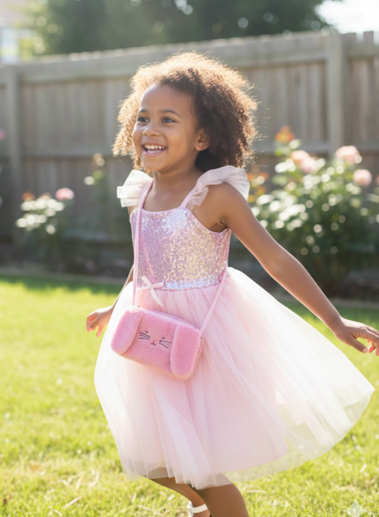 Young girl in a pink dress wearing the pink bunny Hop to It Party Purse. 