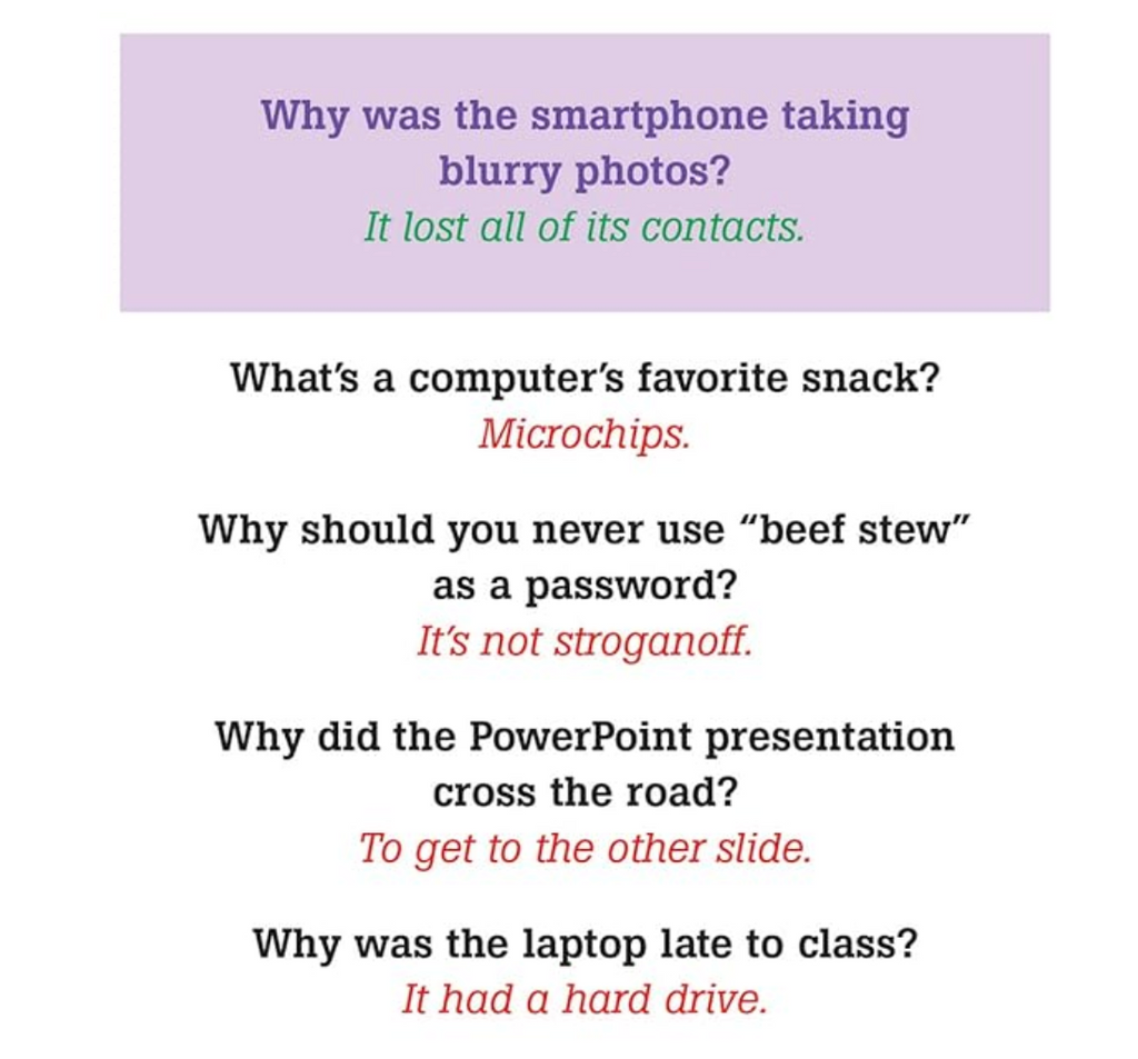 Interior page with jokes about computers.