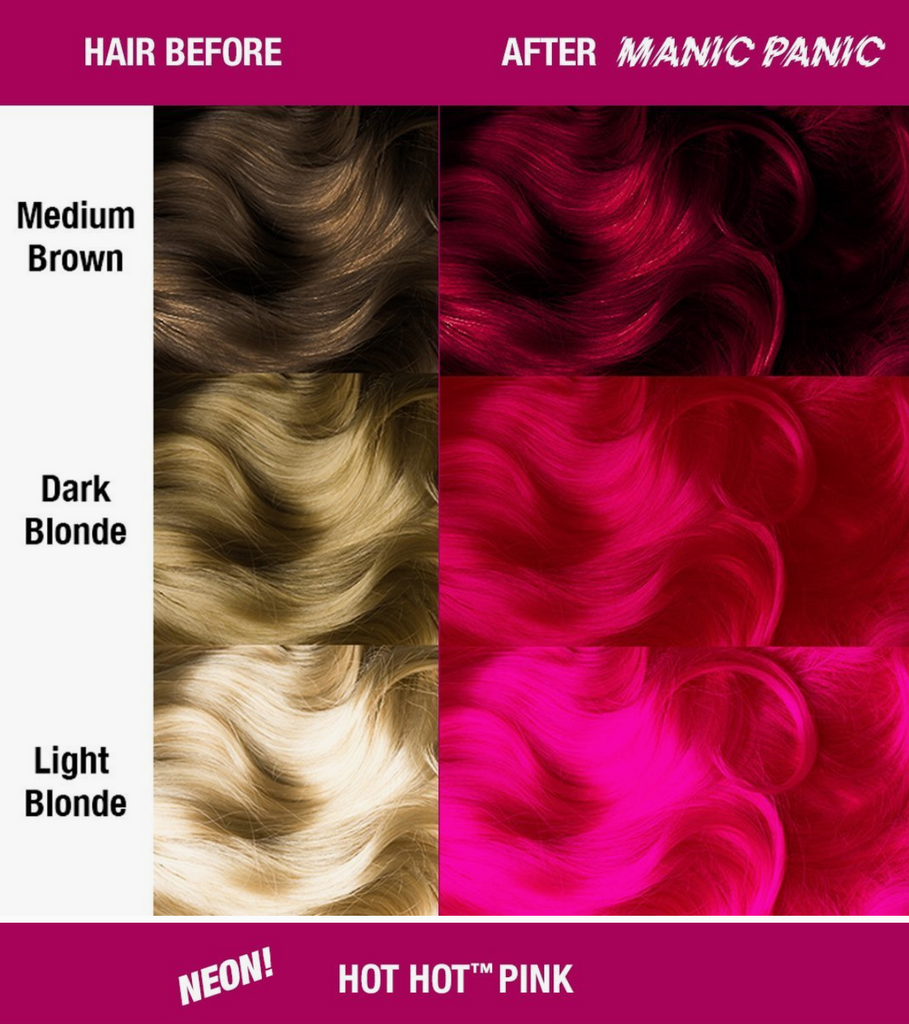Examples of light to dark hair before and after applying Hot Hot Pink hair color.