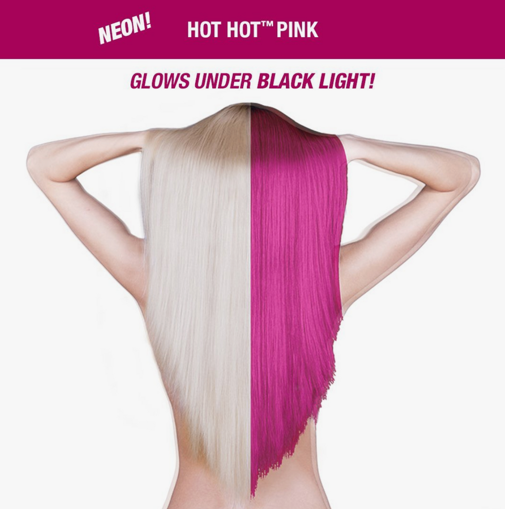 Image of person from the back showing their hair split colored- one side blonde the other Hot Hot Pink. Text reads Neon Hot Hot Pink Glows Under Black Light.