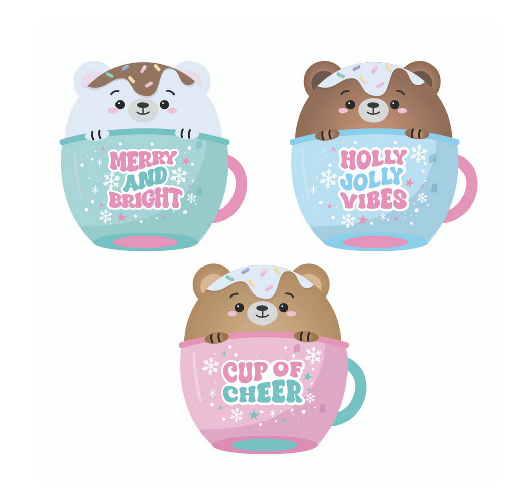 Cute squishy bears in cups of cocoa- when squeezed, they tell your holiday themed fortune like a magic 8 ball.