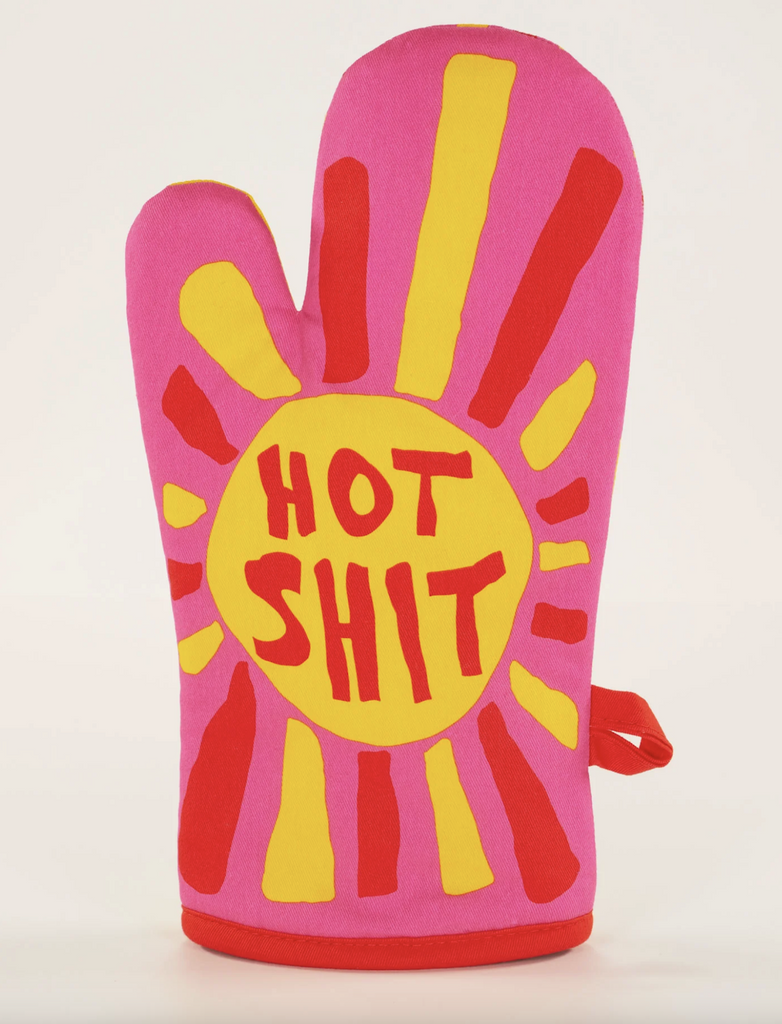 Hot pink oven mitt with bright yellow accents that reads "Hot Shit"