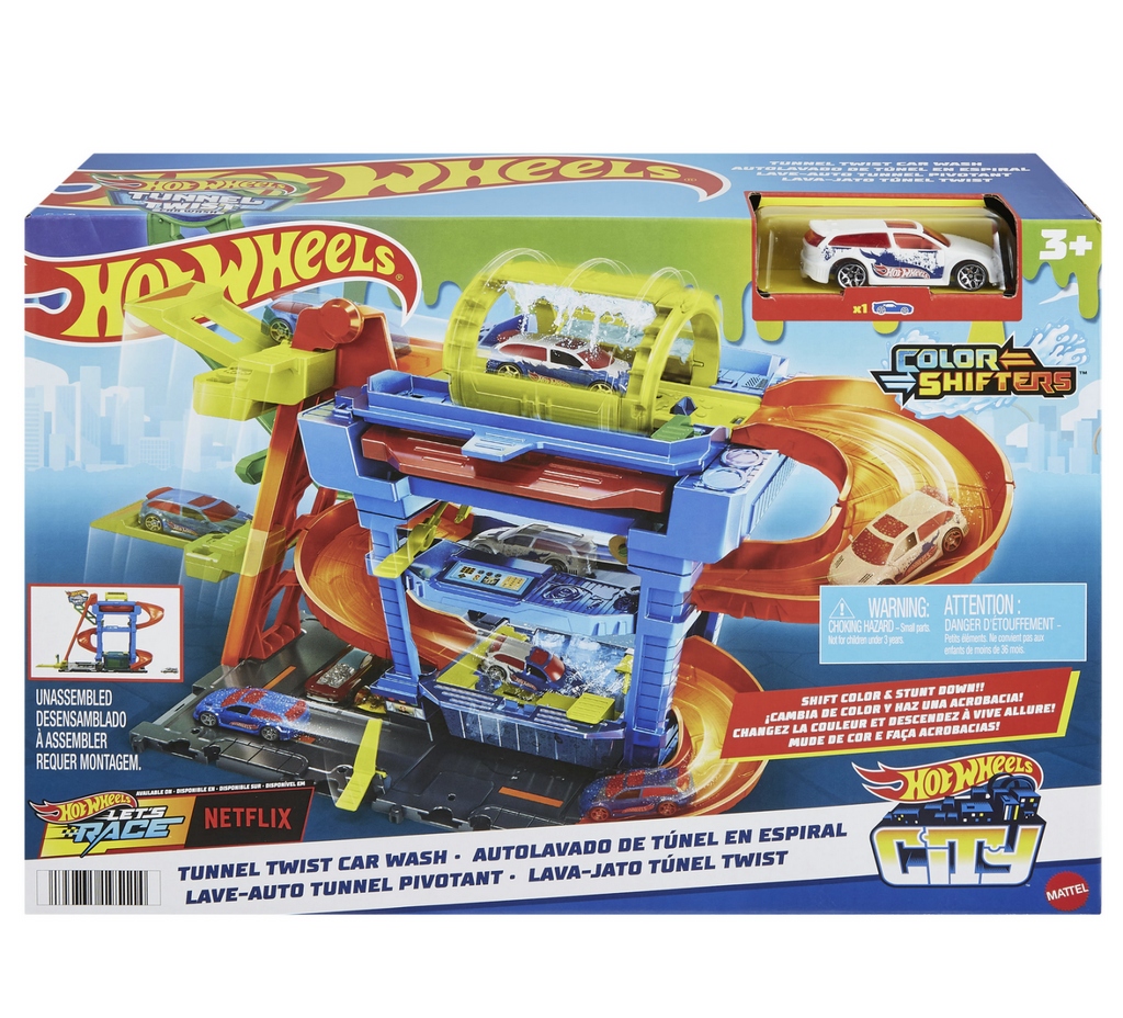 The Hot Wheels Tunnel Twist Car Wash play set packaged in a box with detailed pictures of the play set in use, with cars going through the car wash and changing colors. 