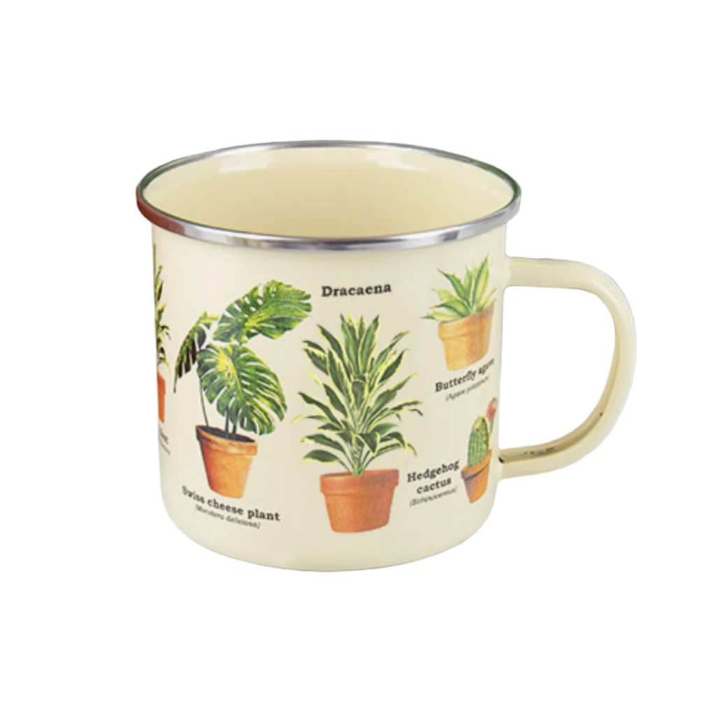 Enamel tin mug with illustrations of popular houseplants. 