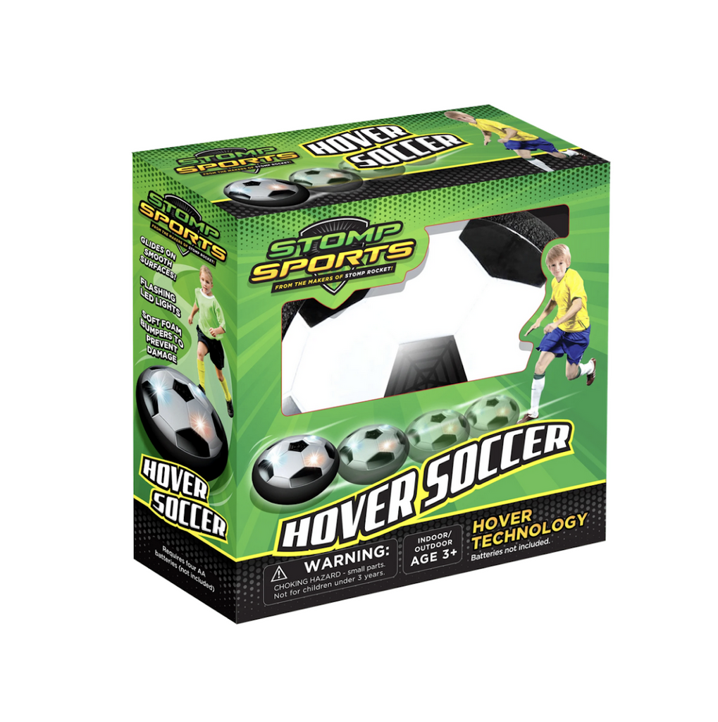 A green box with images of the Hover Soccer Ball lit up and gliding across the floor. 