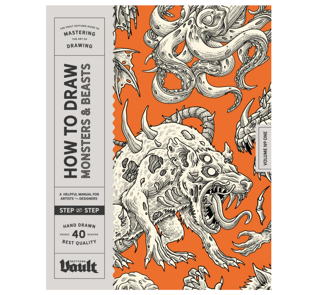 "How To Draw Monsters and Beasts" with several monster sand beasts illustrated on an orange background. 