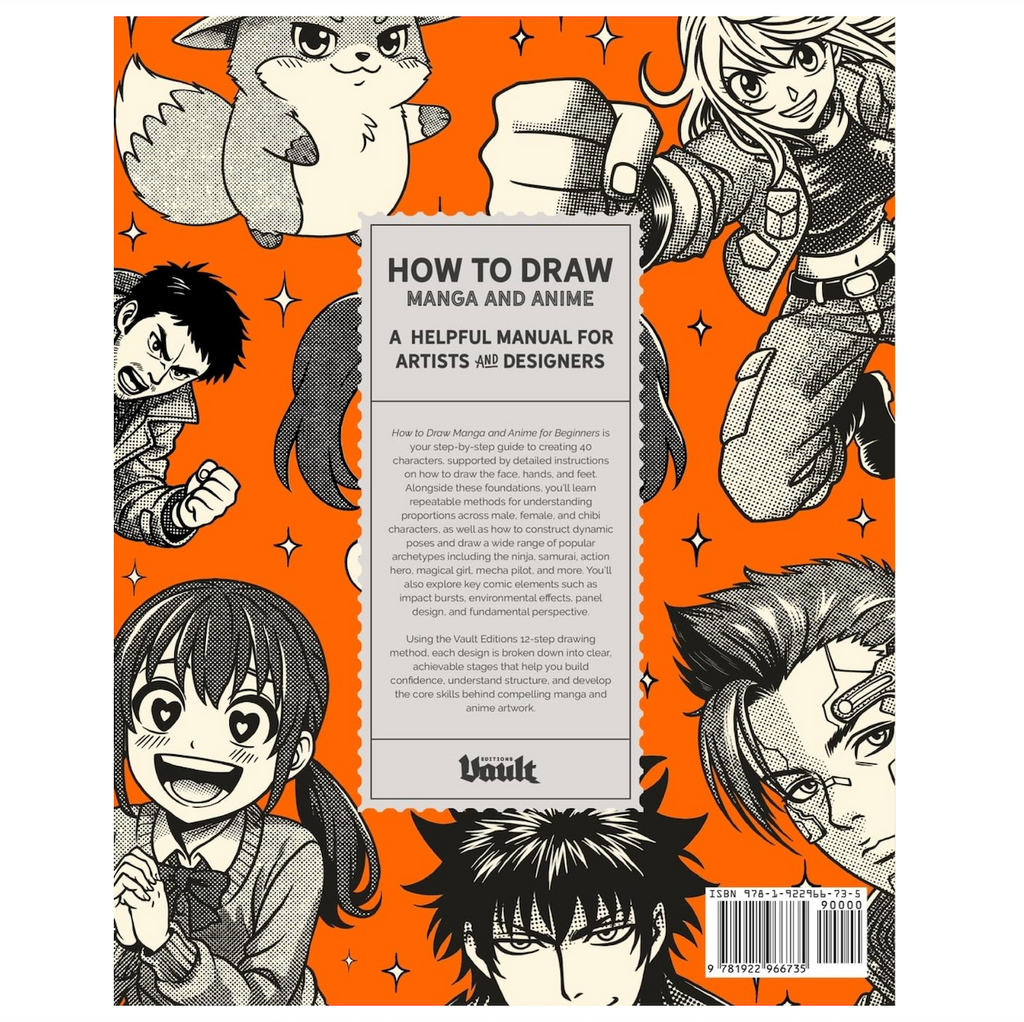 Back cover of "How To Draw Manga and Anime " continuing the collection of popular anime characters drawn in black and gray on an orange background. 
